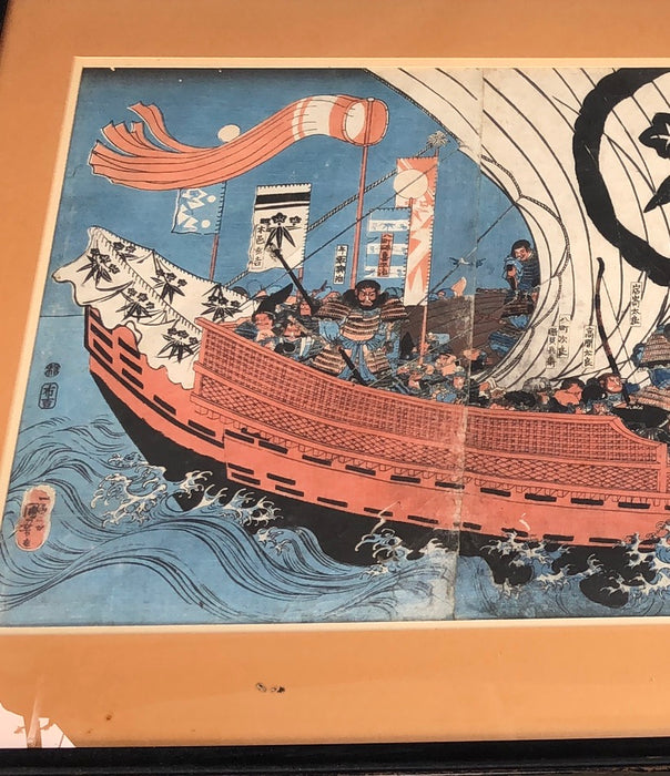 EARLY JAPANESE WAR SHIP PAINTING-SIGNED UTAGAW HIROSIGE