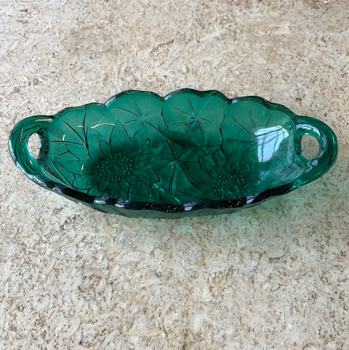 FOREST GREEN FLORAL GLASS OVAL DISH WITH HANDLES