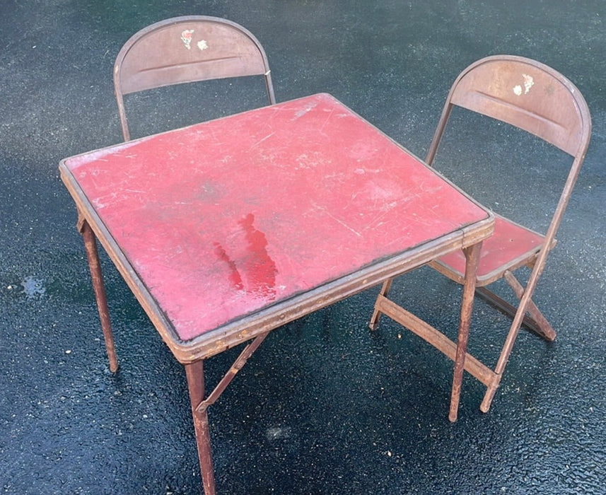 FOLDING CHILD'S TABLE AND TWO AS FOUND CHAIRS