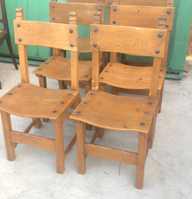 SET OF 4 STUDDED OAK CHAIRS WITH CURVED SEATS