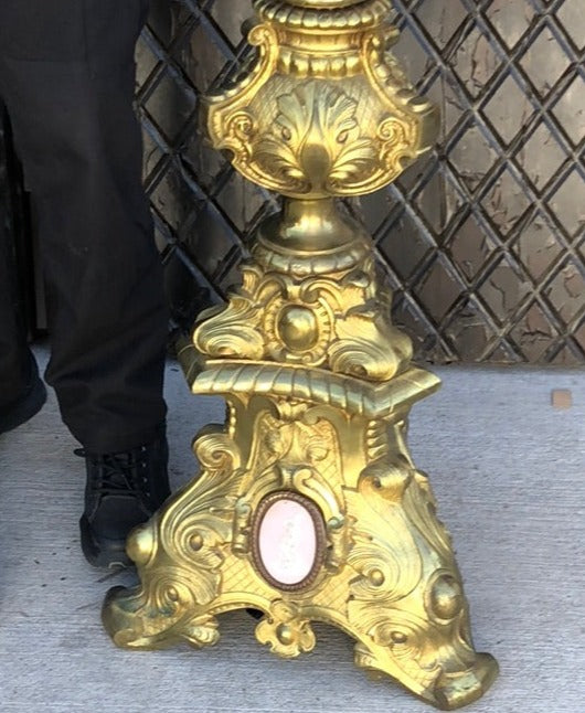 PAIR OF LARGE ORNATE BRASS FLOOR LAMPS OR CANDLE STANDS WITH CAMEOS - NO SHADES