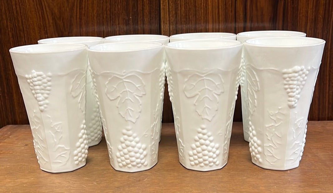 SET OF 8 GRAPE MOTIF MILK GLASS TUMBLERS