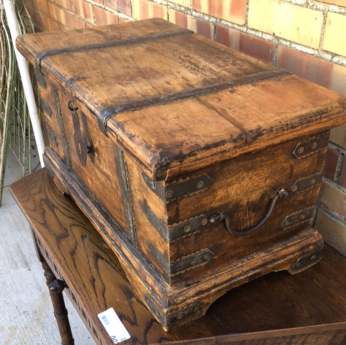 METAL BANDED MAHOGANY BOX