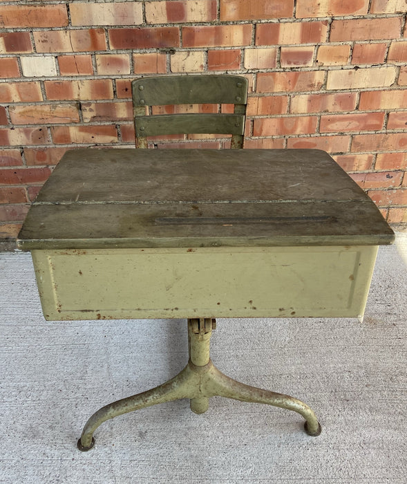 GREEN METAL AND WOOD SMALL SCHOOL DESK WITH ATTACHED CHAIR