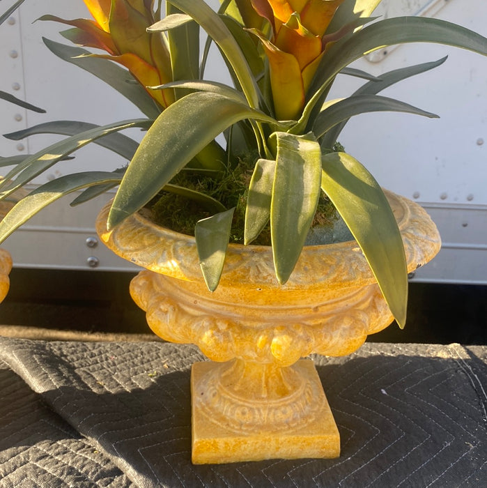 PAIR OF YELLOW METAL URN PLANTERS