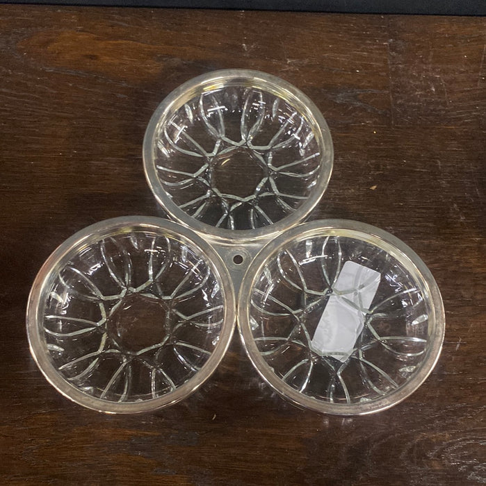 3 GLASS SERVING BOWLS WITH SILVERPLATE RIM