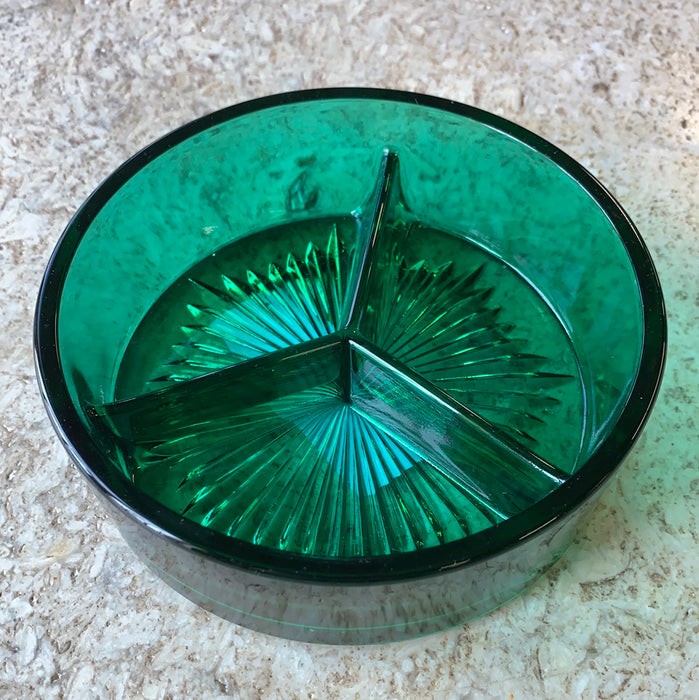 EMERALD GREEN GLASS 3 COMPARTMENT DISH