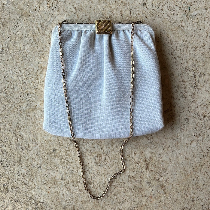 VINTAGE WHITE FABRIC PURSE WITH BRASS CLASP AND CHAIN