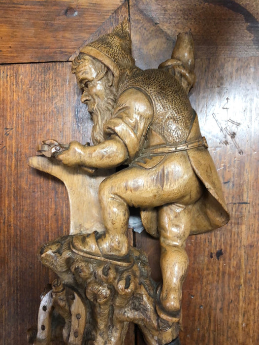 PAIR OF HAND CARVED GNOMES WITH ANTLER WALL HOOKS - AS FOUND