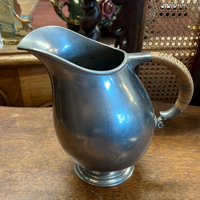 PEWTER PITCHER WITH RATTAN HANDLE