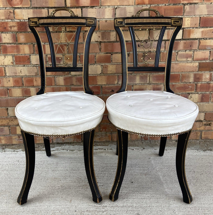 PAIR OF BLACK HALL CHAIRS WITH WHITE SEATS