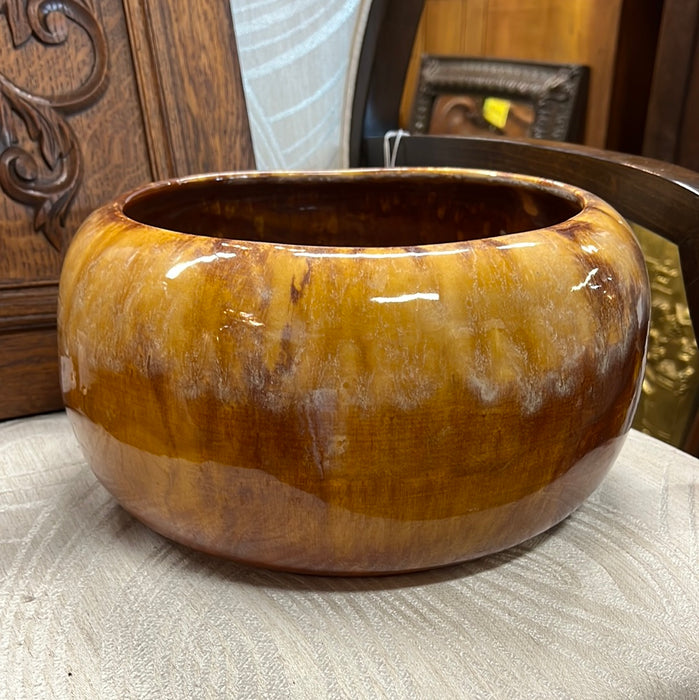 GOLDEN TONE GLAZED POTTERY ROUND LOW PLANTER