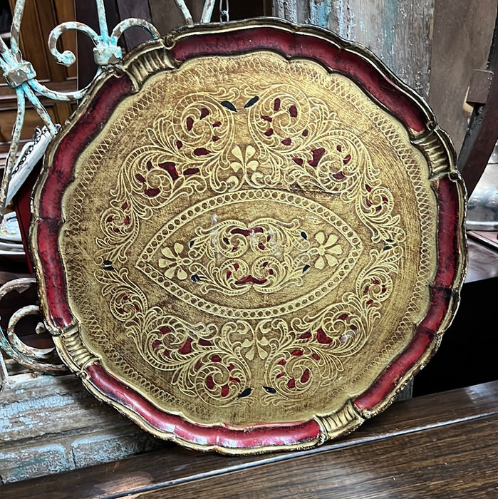 GOLD AND RED ROUND FLORENTINE TRAY