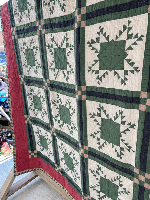 RED AND GREEN HAND STITCHED SOUTHWESTERN STYLE QUILT