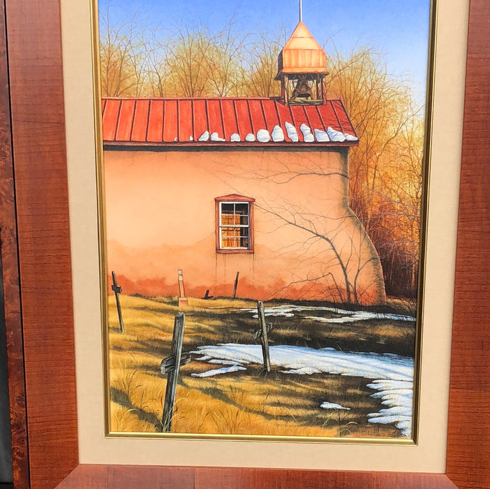 NEW MEXICO ADOBE CHURCH SCENE OIL PAINTING SIGNED HWS