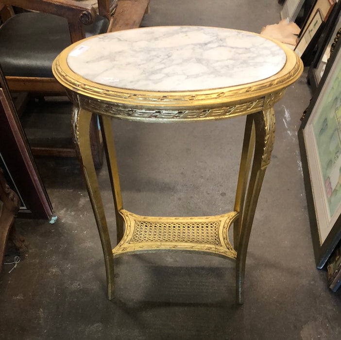 OVAL GOLD MARBLE TOP STAND WITH CANING