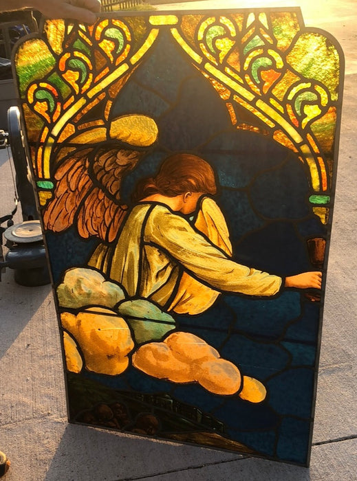 FRAMED ANGEL PAINTED STAINED GLASS WINDOW