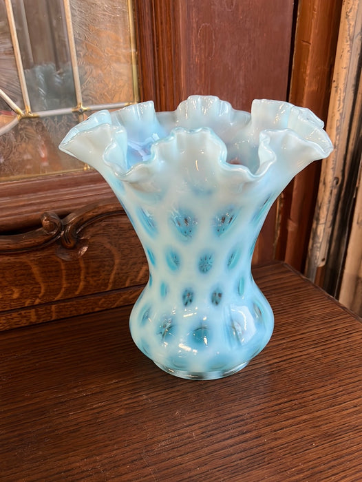 BLUE COIN DOT OPALESCENT RUFFLE EDGE LARGE VASE