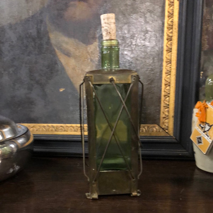 BRASS AND GREEN GLASS LANTERN LIQUOR DECANTER WITH MUSIC BOX