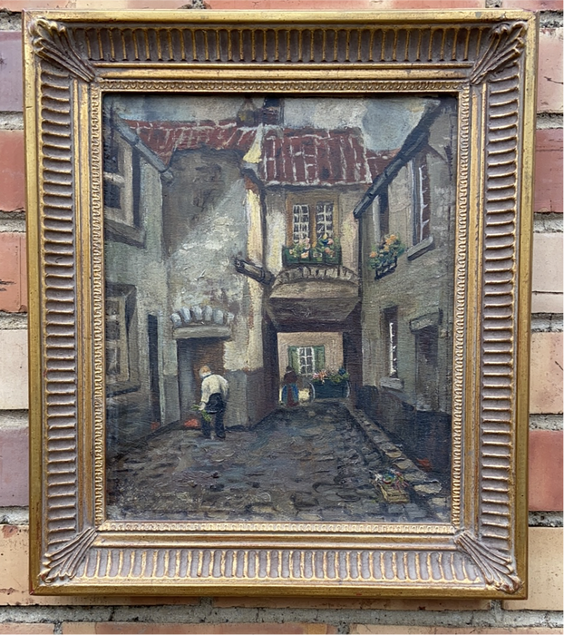 SMALL OIL PAINTING OF 2 PEOPLE ON A COBBLE STONE STREET