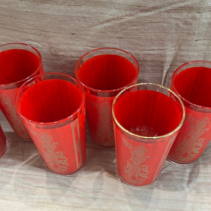 SET OF 6 SMALL VINTAGE RED WITH GOLD RIM ASIAN GLASSES