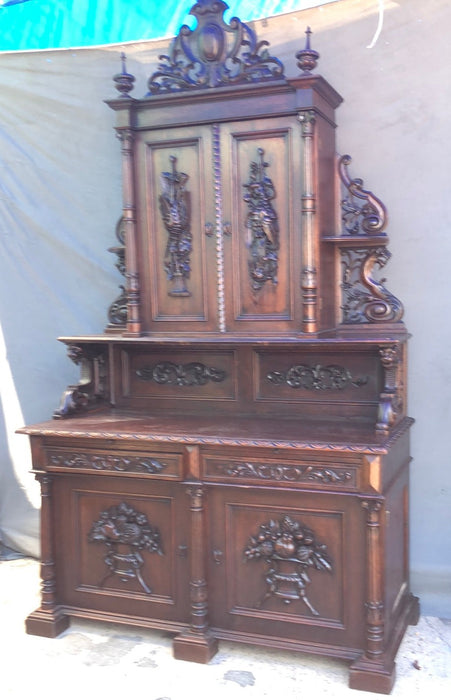 LARGE BLACK FOREST CARVED OAK SERVER WITH GAME AND FRUIT MOTIFS - OPEN SHELVES