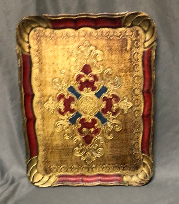 SMALL RECTANGULAR FLORENTINE TRAY WITH RED, GREEN AND GOLD