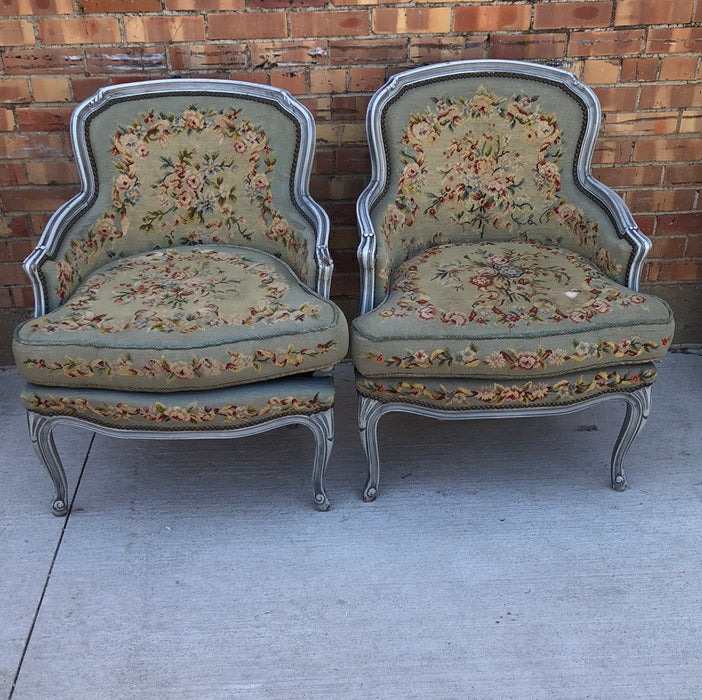 PAIR OF NEEDLE POINT PAINTED BERGERE CHAIRS - AS FOUND