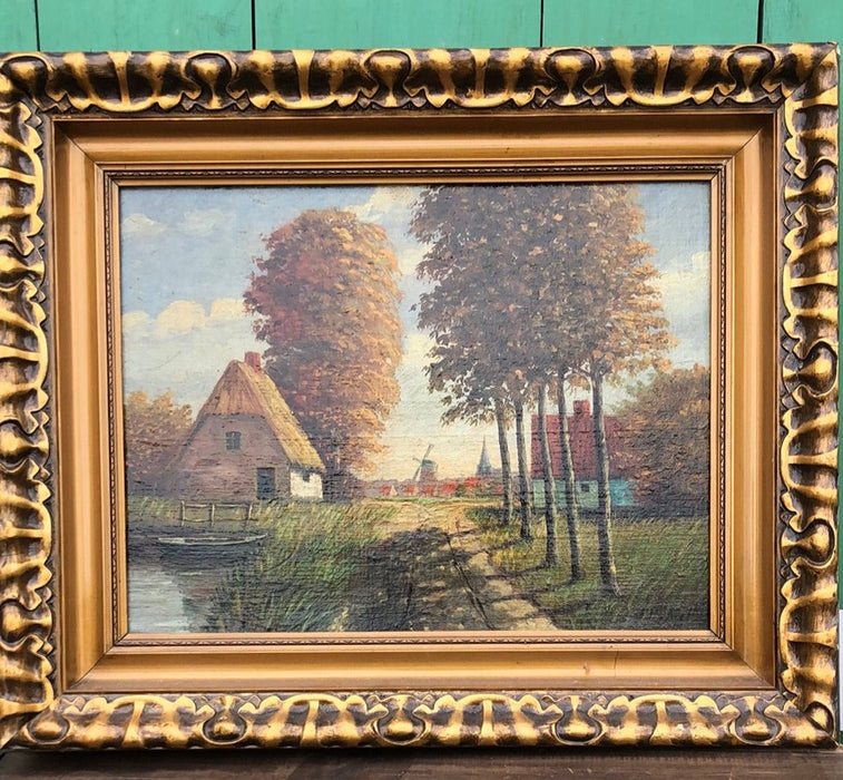 GOLD FRAMED DUTCH WINDMILL OIL PAINTING