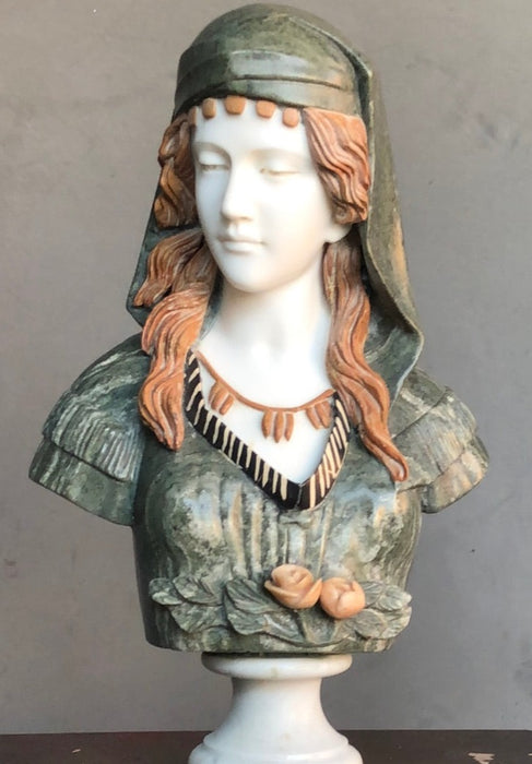 MARBLE BUST OF LADY WITH GREEN HEAD DRESS