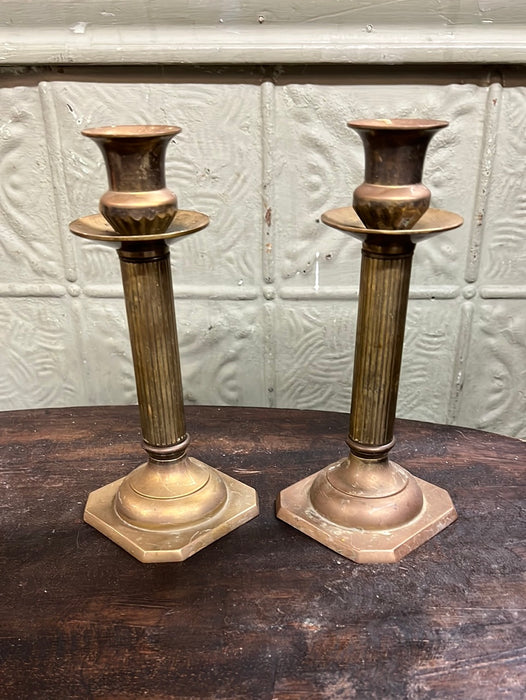 BRASS PAIR OF SHORT CANDLESTICKS