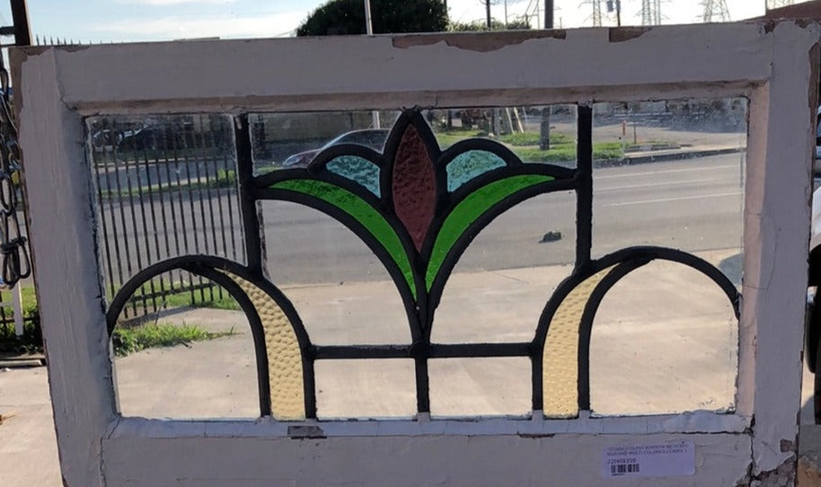 STAINED GLASS WINDOW WITH RED BUD AND MULTI COLORED LEAVES