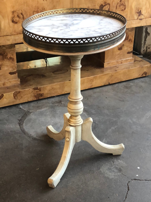TRIPOD BASE TABORET WITH MARBLE TOP AND BRASS GALLERY