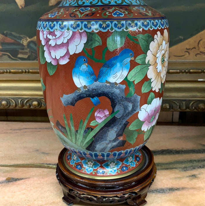 PAIR OF RED CLOISONNE WITH BLUE BIRDS LAMPS