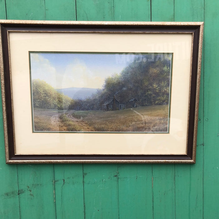 WATERCOLOR PAINTING OF A MOUNTAIN ROAD AND BARN