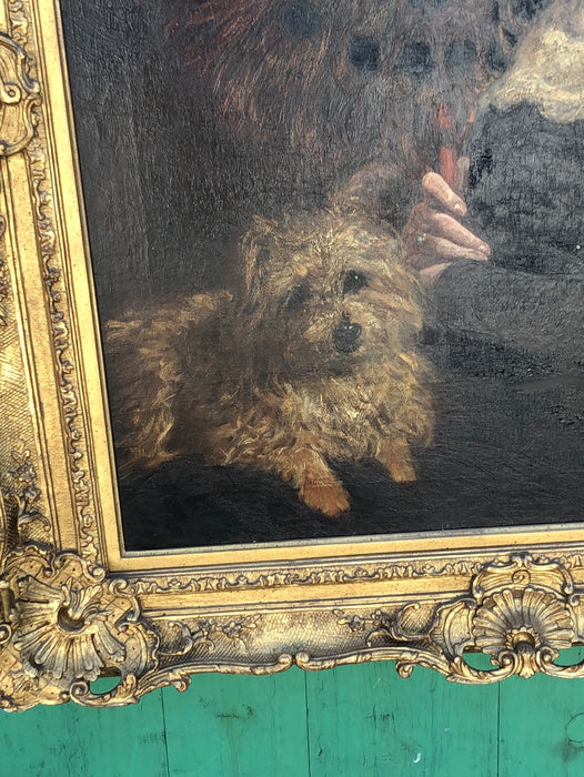 ORNATE GILT FRAMED OIL PAINTING OF A LADY AND HER DOG ON CANVAS