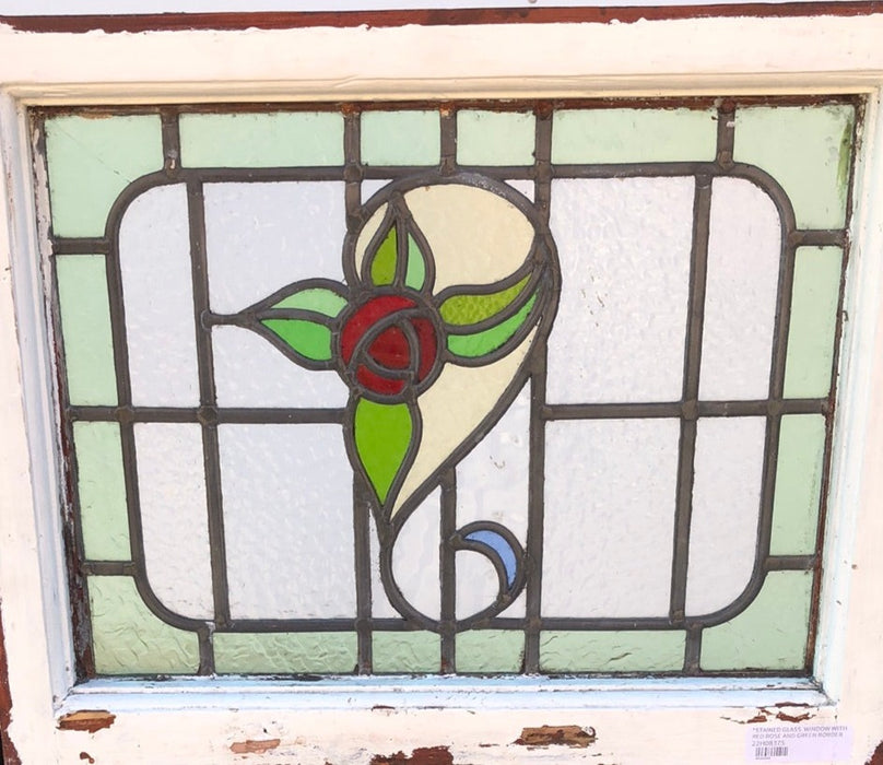 STAINED GLASS WINDOW WITH RED ROSE AND GREEN BORDER