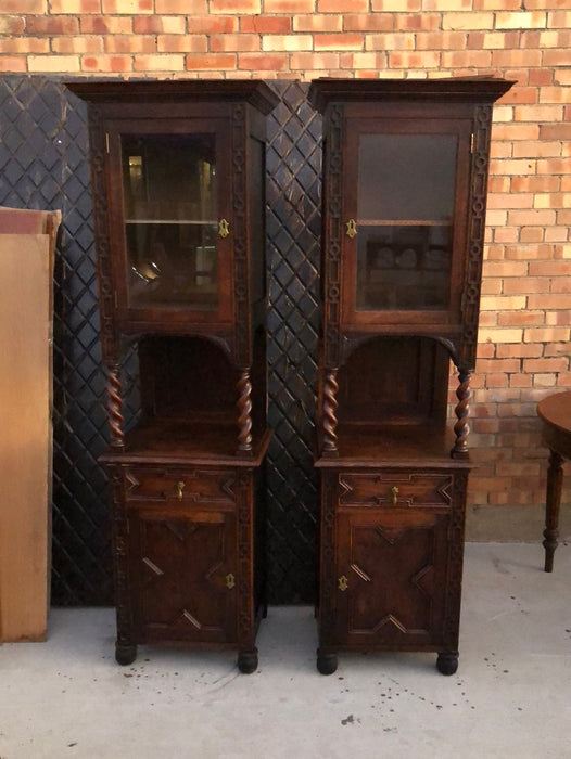 PAIR OF NARROW BARLEY TWIST OAK DISPLAY CABINETS