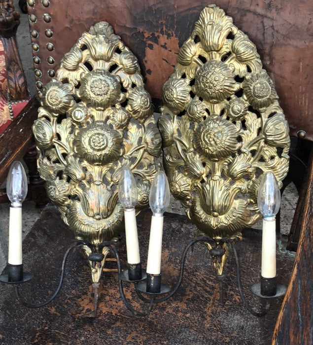 PAIR OF BRASS AND IRON SCONCES