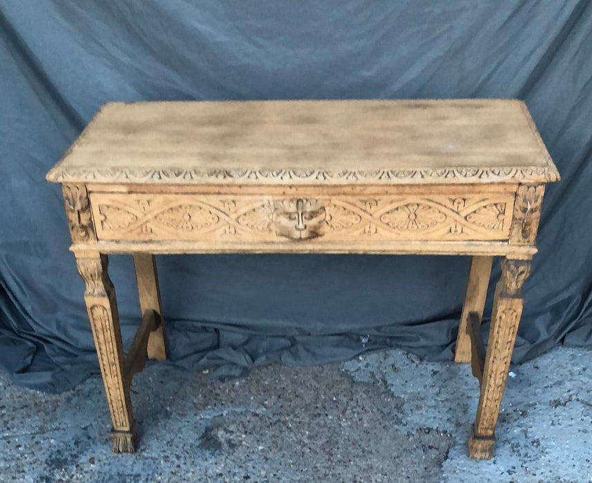 RAW OAK CARVED ENGLISH CONSOLE TABLE WITH DRAWER