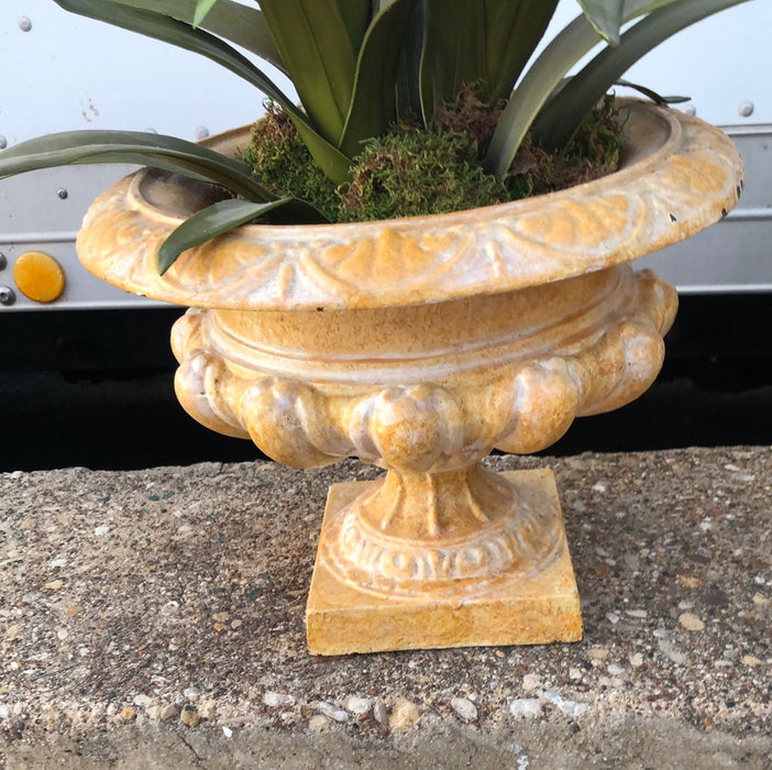 PAIR OF YELLOW METAL URN PLANTERS