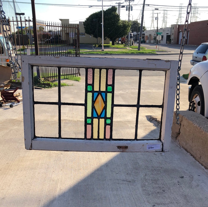SMALL STAINED GLASS WINDOW WITH YELLOW DIAMOND IN MULTI COLORS - 9 PANES