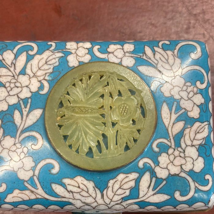 CLOISONNE BLUE AND WHITE BOX WITH CARVED CENTER STONE