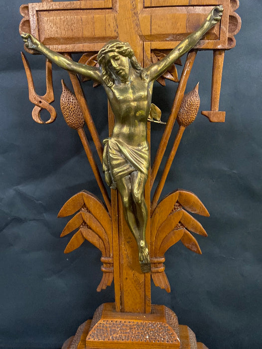 CARVED WOOD CRUCIFIX WITH BRASS CORPUS