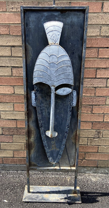 LARGE METAL AFRICAN MASK ON STAND - AS FOUND