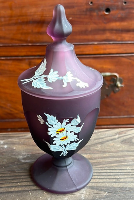 PURPLE SATIN GLASS LIDDED DISH WITH FLORAL DESIGN