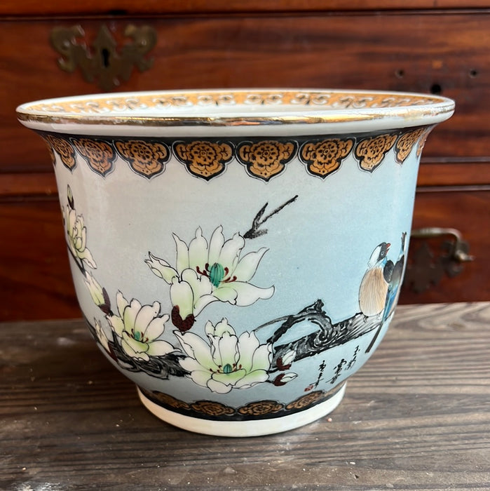 AS IS 8" ASIAN STYLE PLANTER POT WITH 2 BIRDS - LARGE CRACK