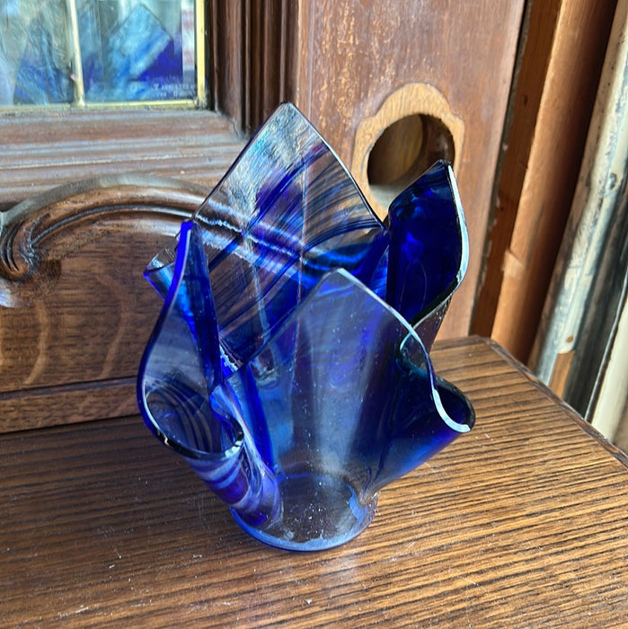 COBALT BLUE HAND TISSUE PAPER SHAPED GLASS VASE