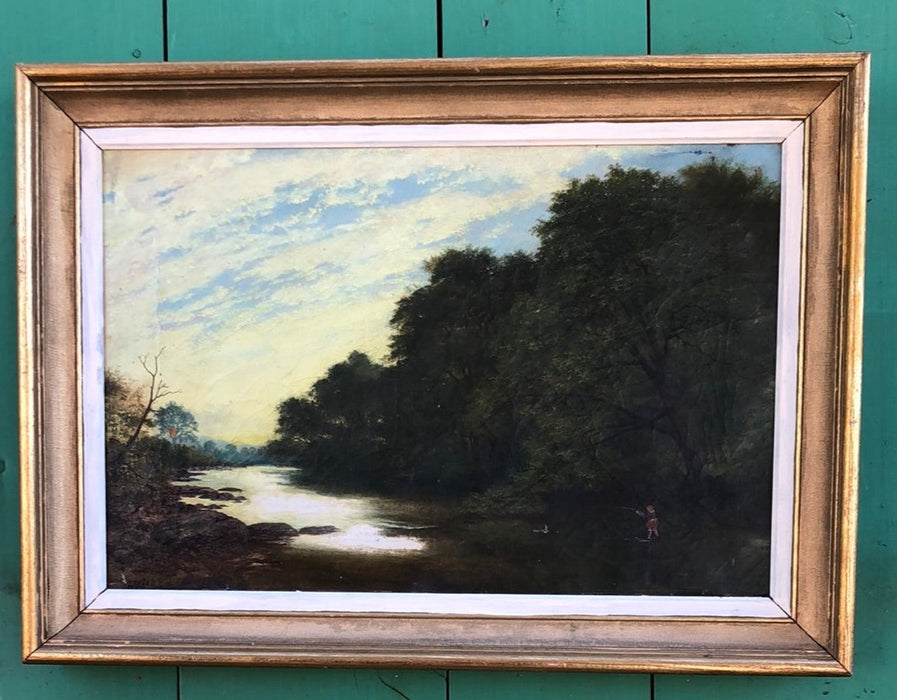 GOLD FRAMED 19TH CENTURY OIL PAINTING OF A BOY FISHING ON A RIVER SIGNED J.M. CARRICK