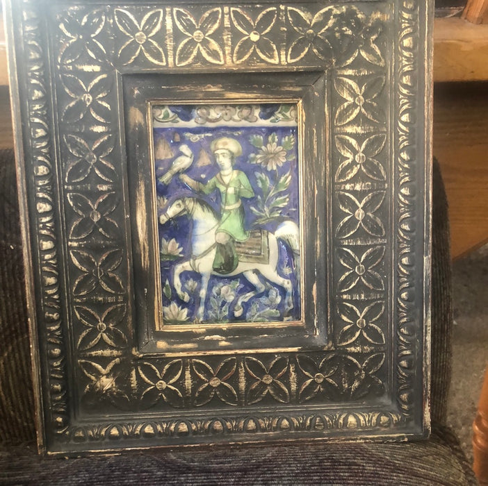 FRAMED COLORFUL PERSIAN TILE OF MAN ON HORSE